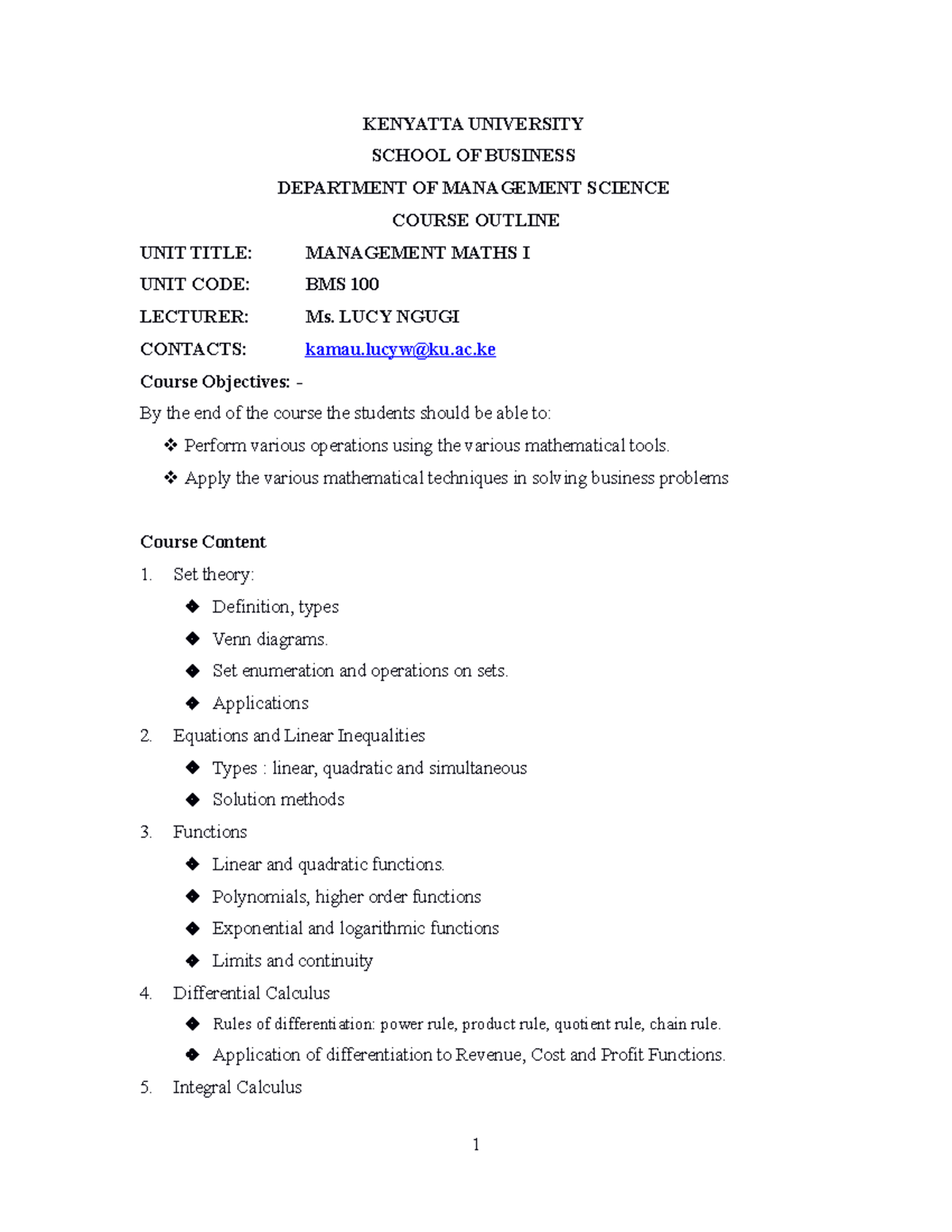 BMS 100 Course Notes: Management Maths I - November 2020 - Studocu