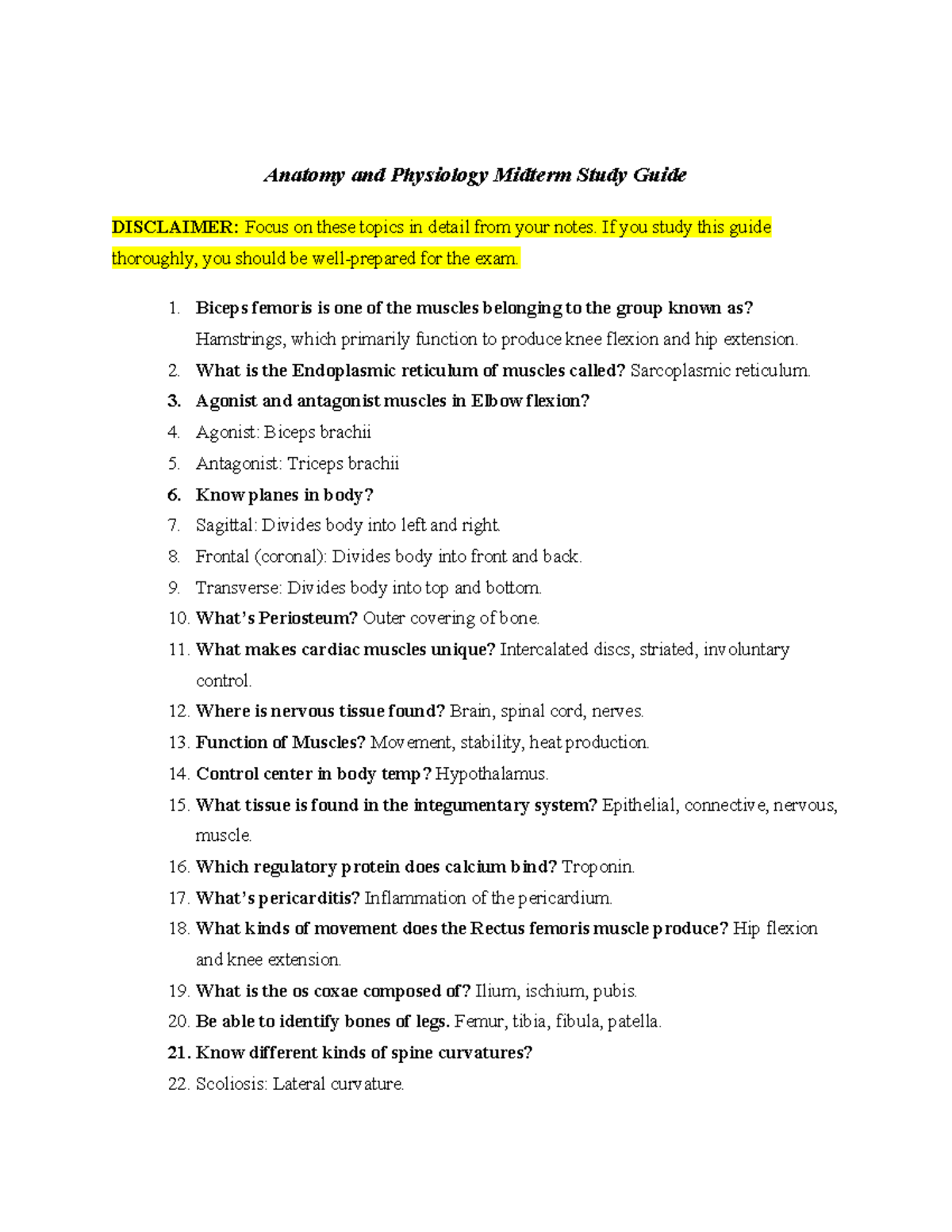 Anatomy & Physiology Midterm Study Guide (Course Code: 12BCA) - Studocu
