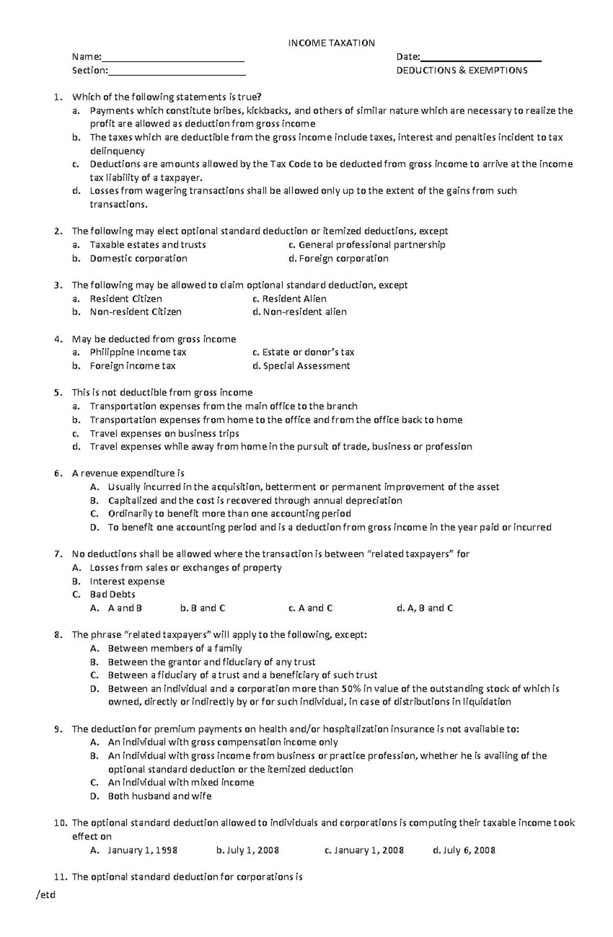 Allowable deductions Practice handout - INCOME TAXATION Name ...