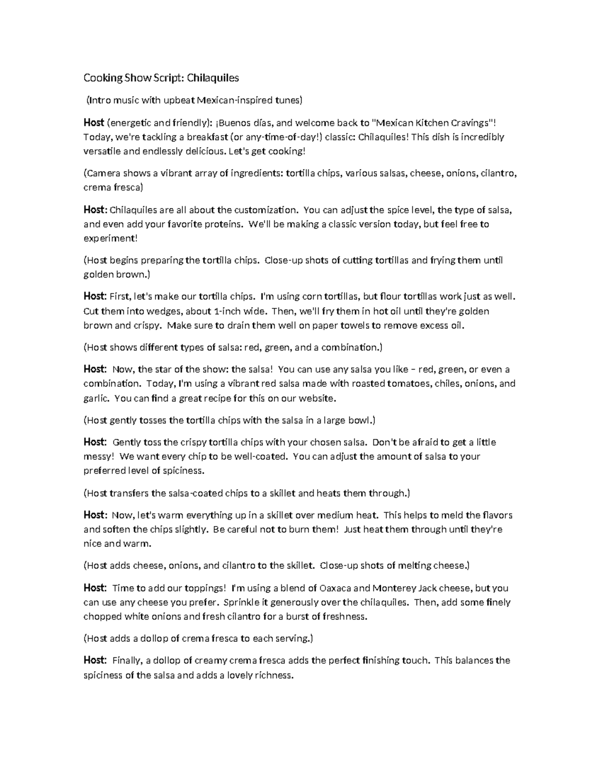 Cooking Show Script: Chilaquiles Recipe for Kitchen Today - Studocu