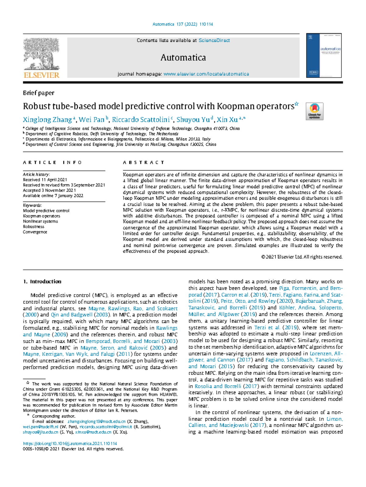Robust Model Predictive Control with Koopman Operators (AUT 137) - Studocu