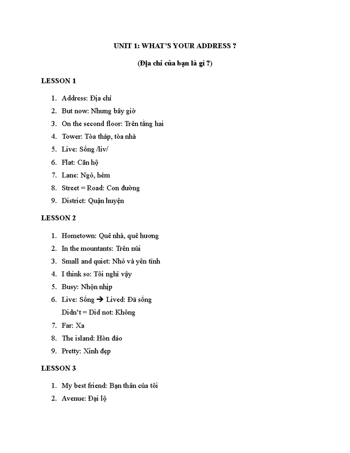Đề cương từ vựng - chính - Note từ vựng - UNIT 1: WHAT’S YOUR ADDRESS ...