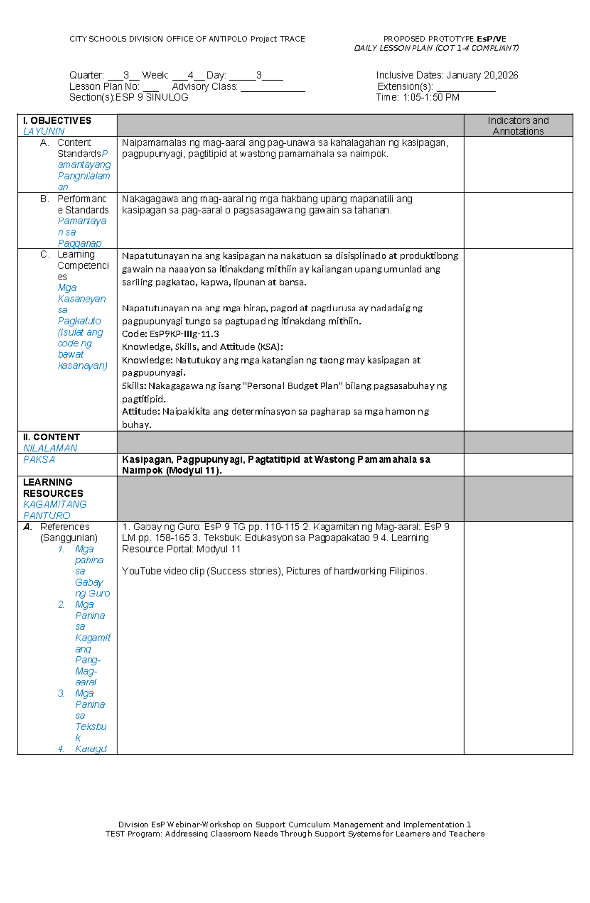 COT COMPLIANT DAILY LESSON PLAN (ESP 9) - Sibil Final - Studocu