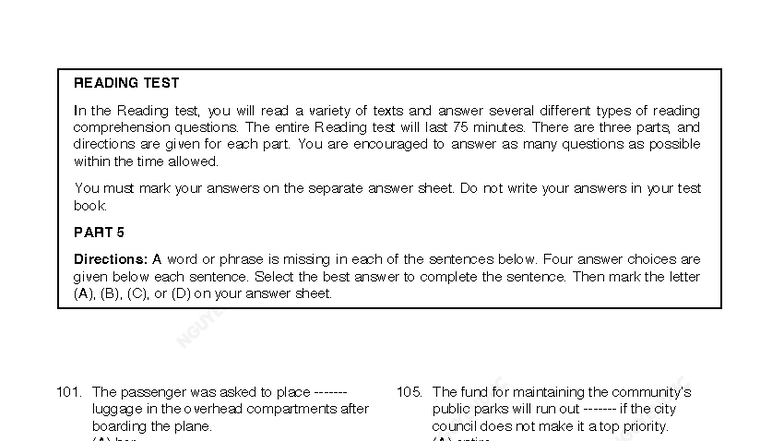 Reading Test: Comprehension Questions & Directions - Studocu