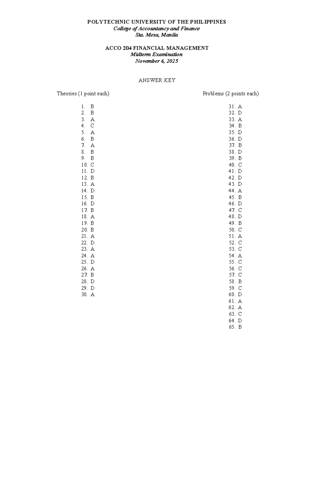 ACCO 204 Financial Management Midterm Exam Answer Key - Studocu