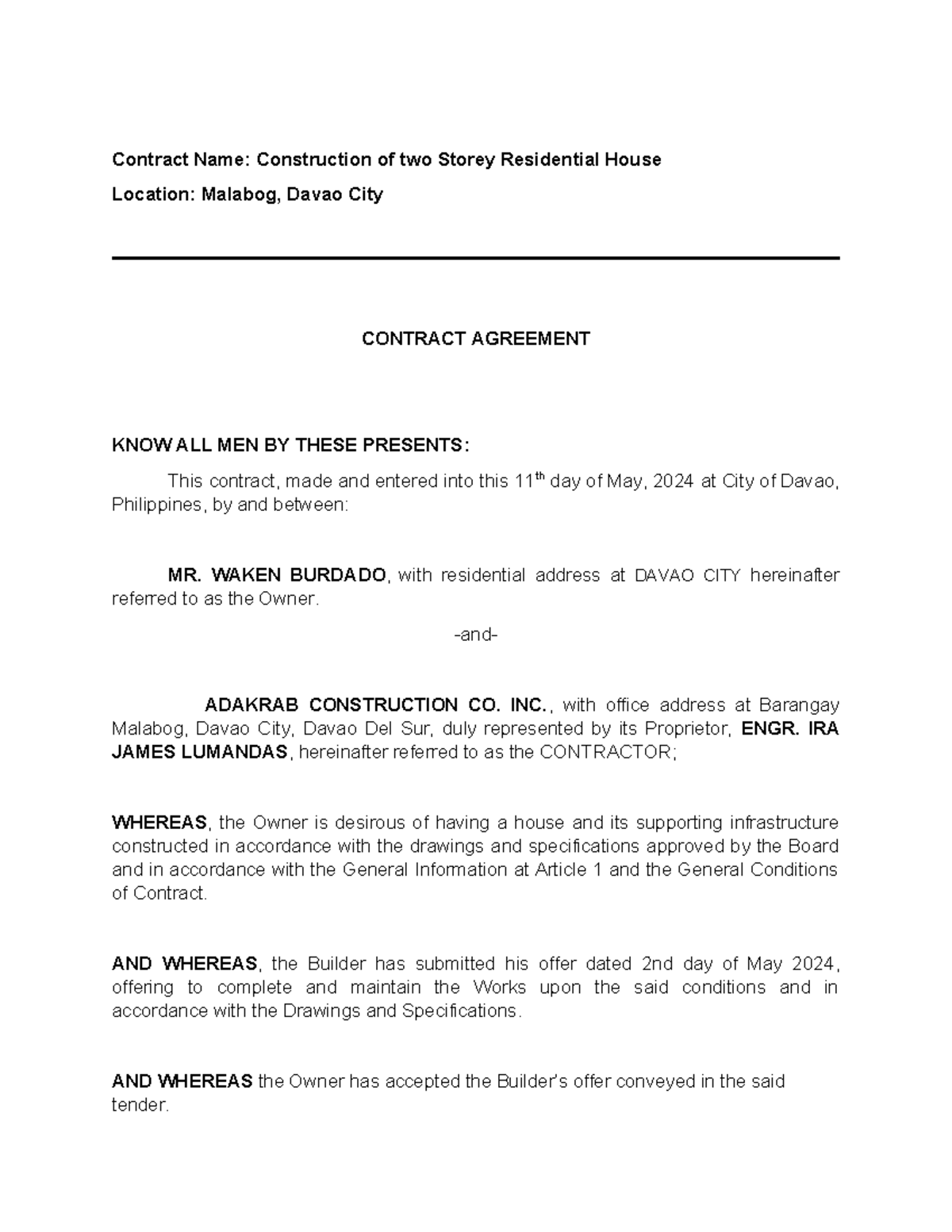 Construction Contract Agreement for 2-Storey House in Davao City - Studocu