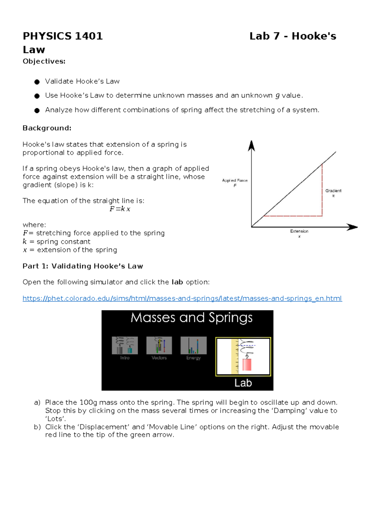 PHYSICS 1401 Lab 7: Exploring Hooke's Law and Mass Determination - Studocu