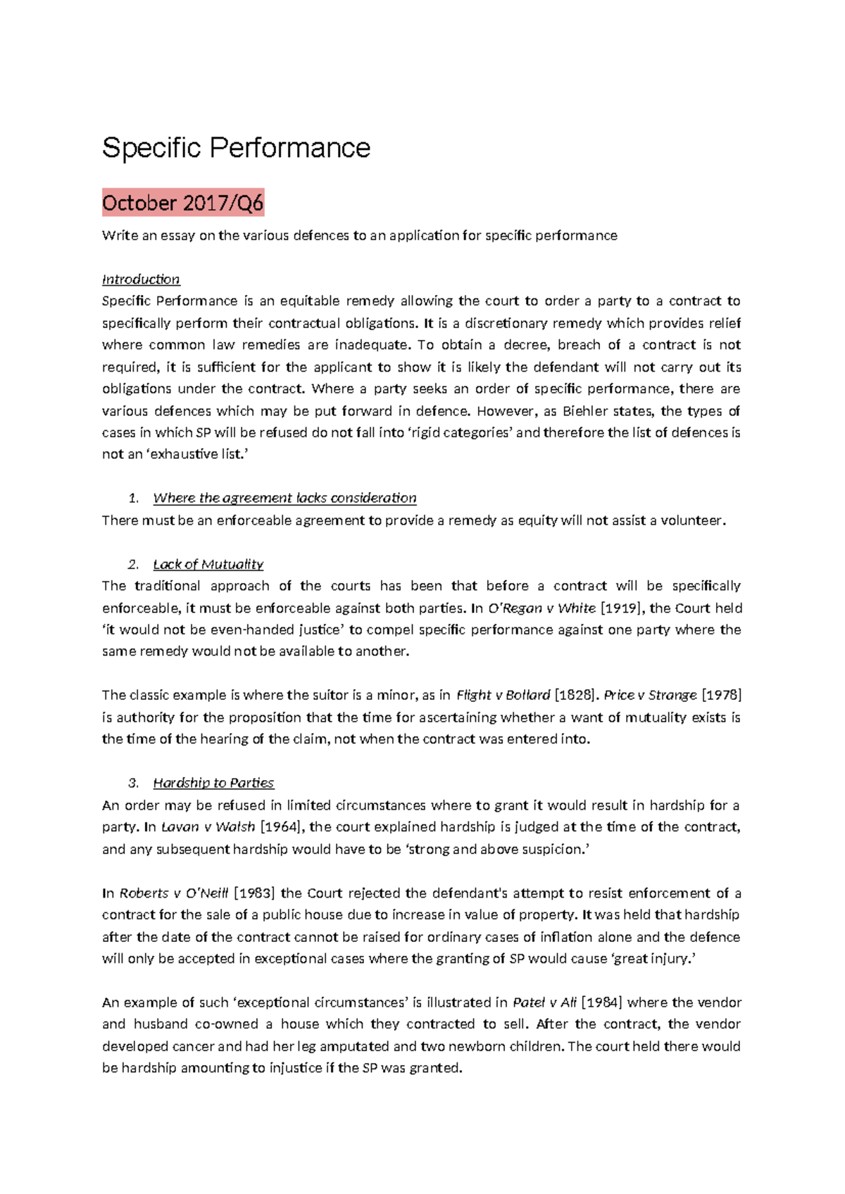 Specific Performance Defences: An Essay on Legal Remedies - Studocu