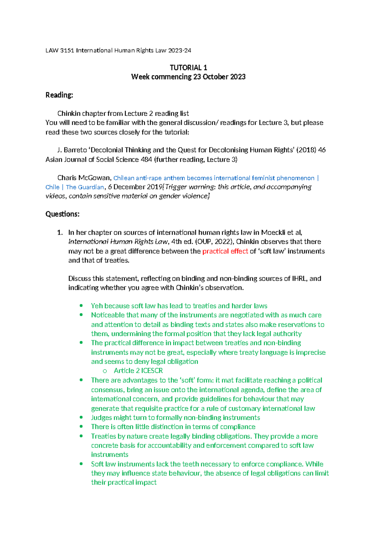 LAW 3151 International Human Rights Law - Tutorial 1 Notes - Studocu