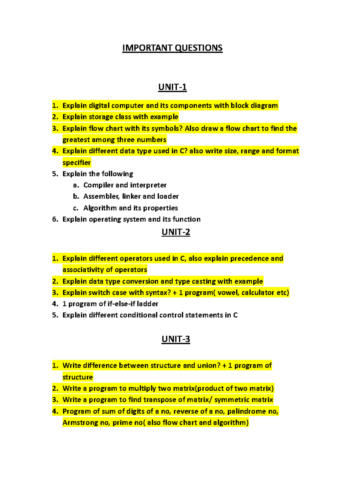 PPS Important Questions: Digital Computers, C Programming & Flowcharts ...