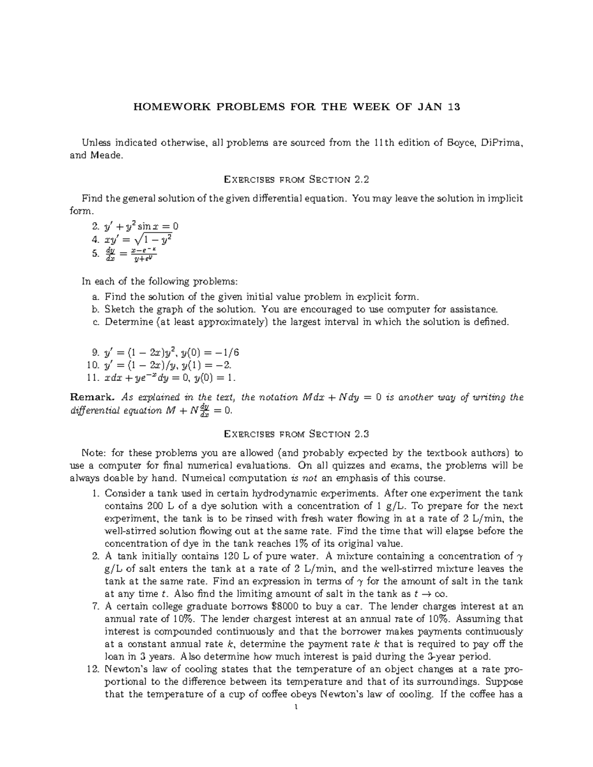 Homework Problems for Differential Equations (MATH 211) - Week of Jan ...