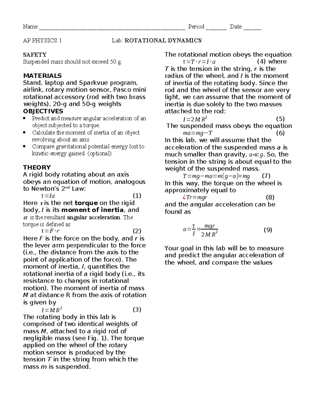 Lab 10.2: Rotational dynamics experiment and analysis in AP Physics 1 ...