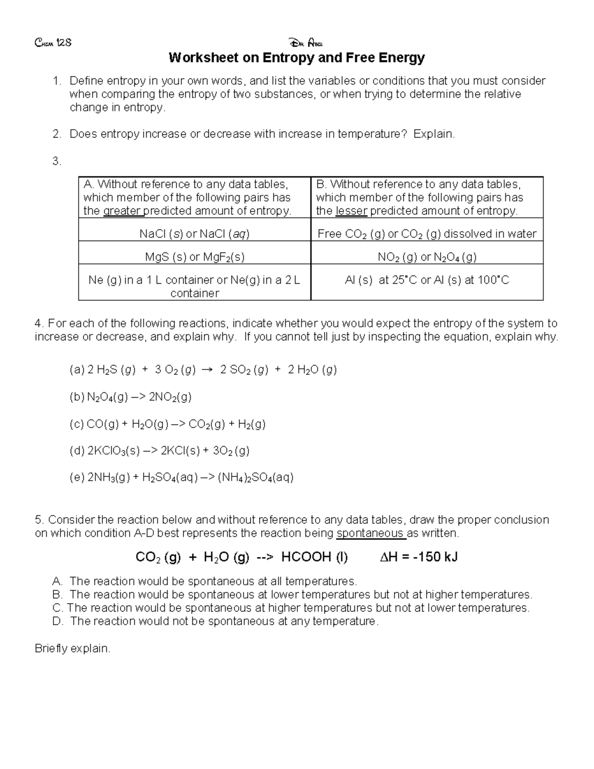 Chem 128 Worksheet: Analyzing Entropy & Free Energy Concepts - Studocu