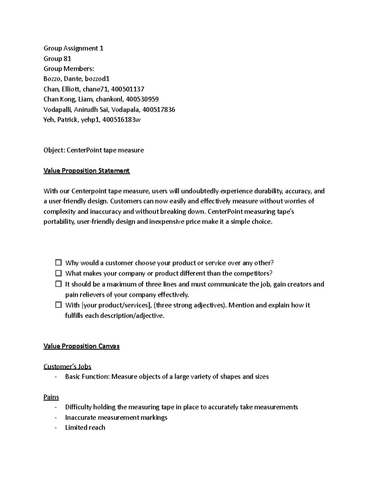 Value Proposition Canvas: CenterPoint Tape Measure - Group #81 Analysis ...