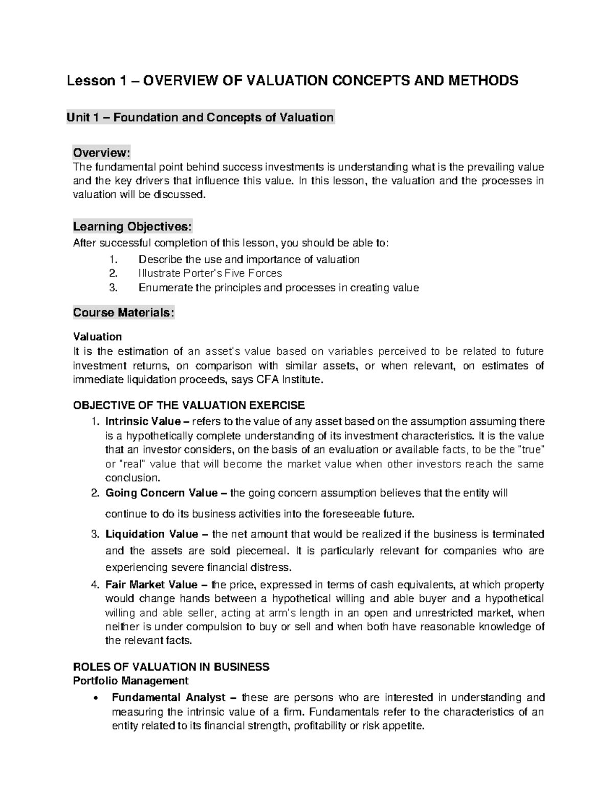 Lesson 1: Overview of Valuation Concepts and Methods (Unit 1) - Studocu