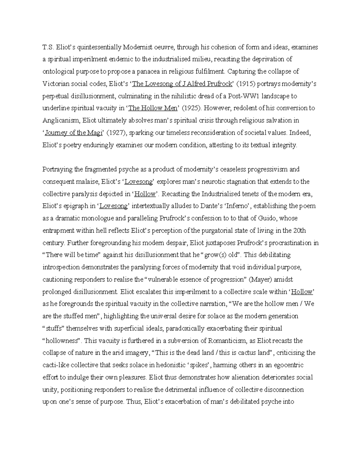 Lloyd Mod B (20) - Exemplar Analysis of T.S. Eliot's Modernist Themes ...