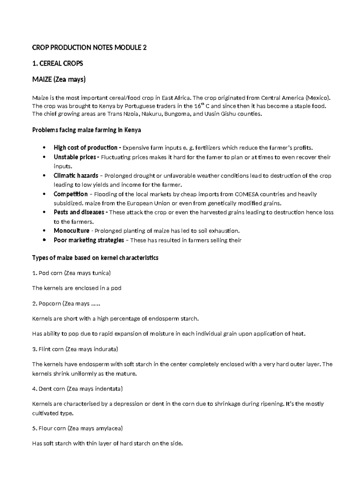 CROP PRODUCTION NOTES: MODULE 2 - CEREAL CROPS (MAIZE) - Studocu