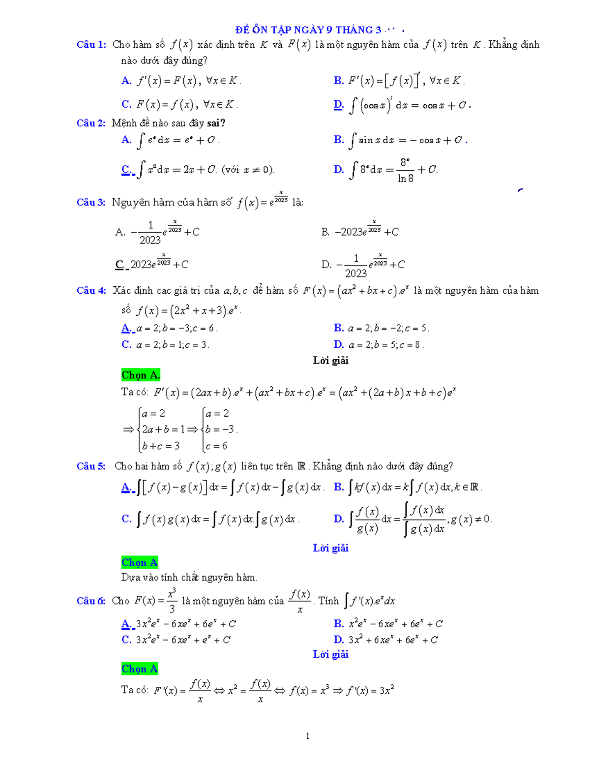 KEY ĐỀ-3 - math exam - ĐỀ ÔN TẬP NGÀY 9 THÁNG 3 ####### Câu 1: Cho hàm ...