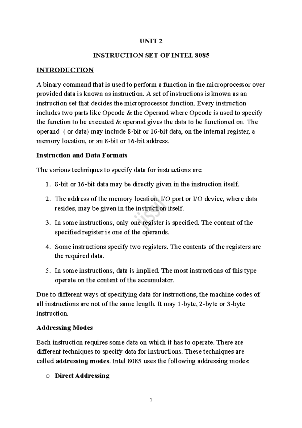 Intel 8085 Instruction Set Overview - UNIT 2 Guide - Studocu