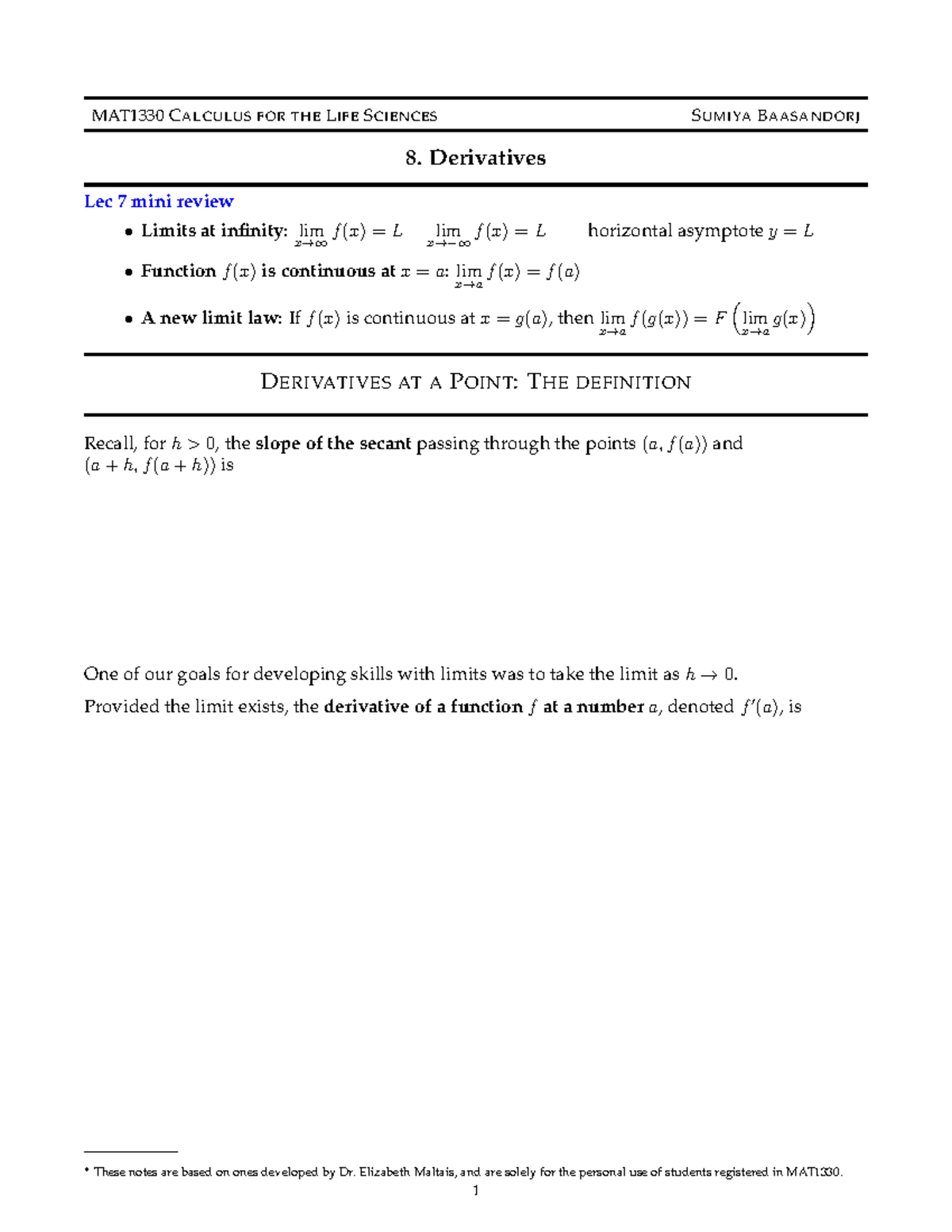 MAT1330 Final Exam Review: Derivatives and Limits at Infinity - Studocu