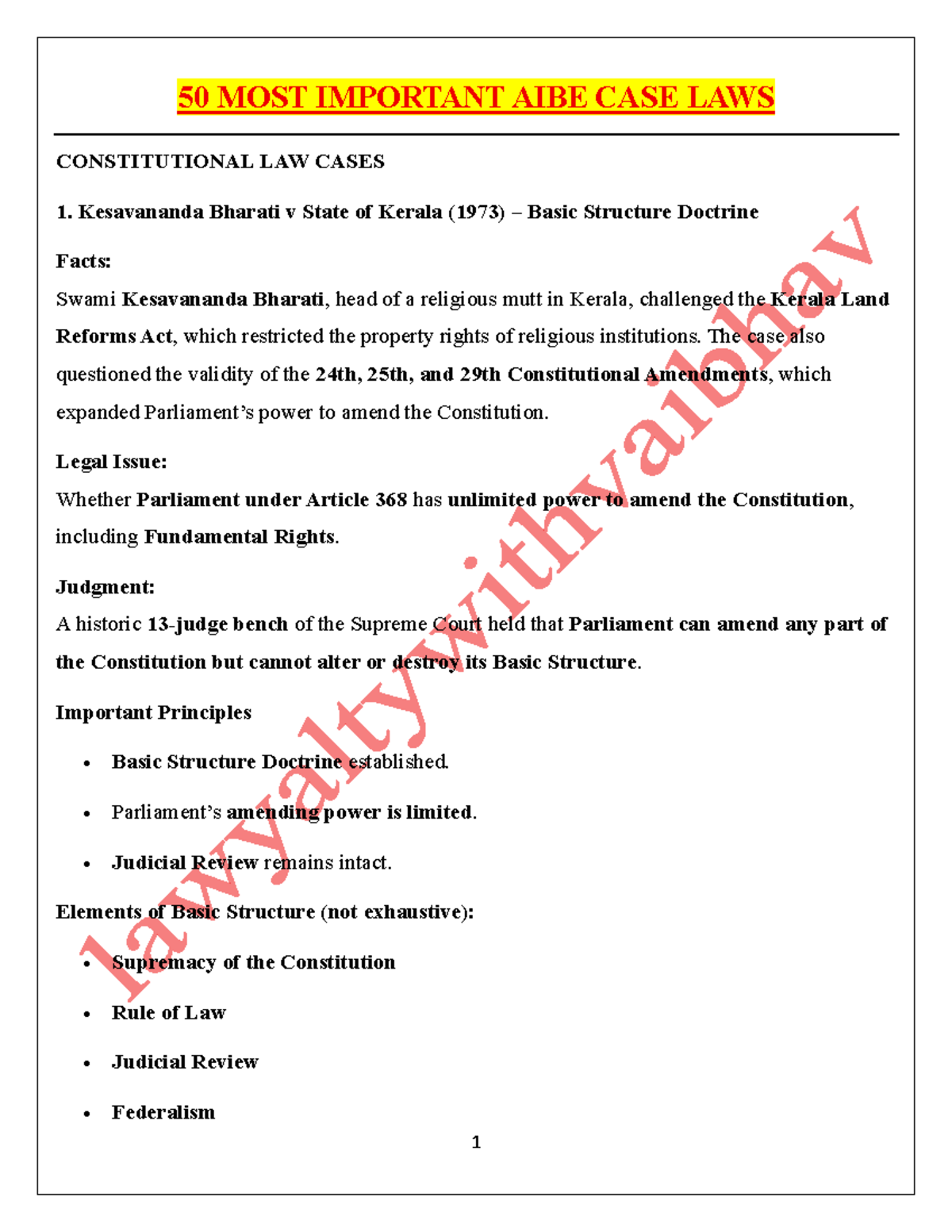 AIBE 50 Key Constitutional Law Case Summaries and Principles - Studocu