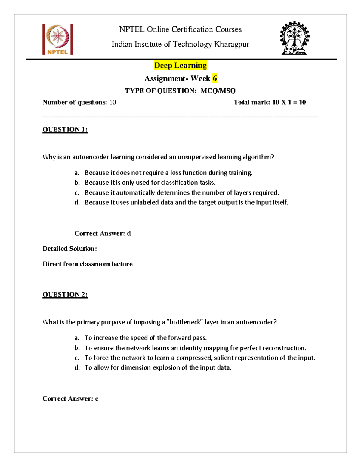 NPTEL IIT Kharagpur Deep Learning Week 6 Assignment Solutions - Studocu