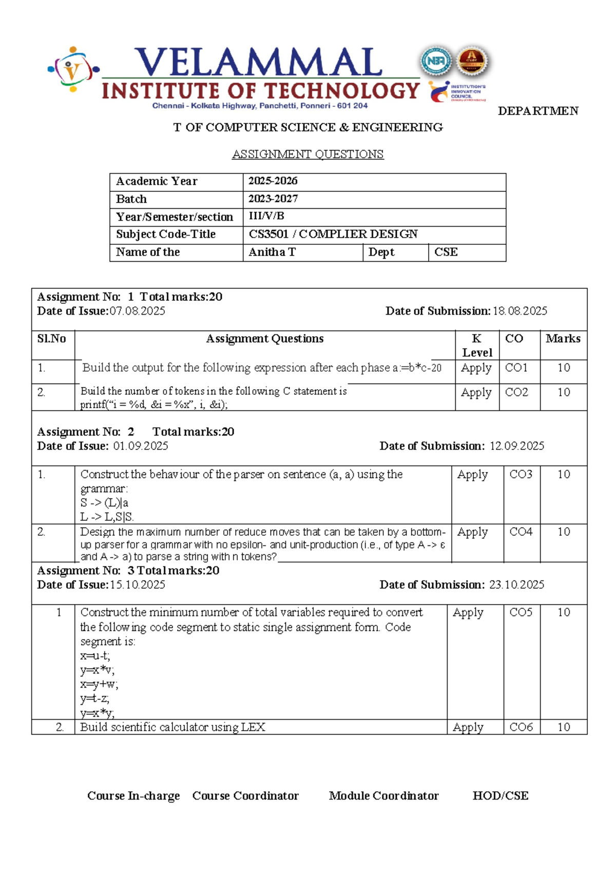 CS3501 Compiler Design Assignment Questions and Tasks - Studocu