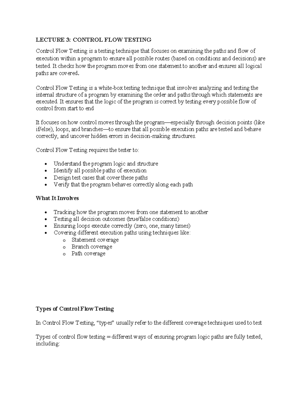 SCO 203 Lecture Notes: Control Flow Testing Techniques - Studocu