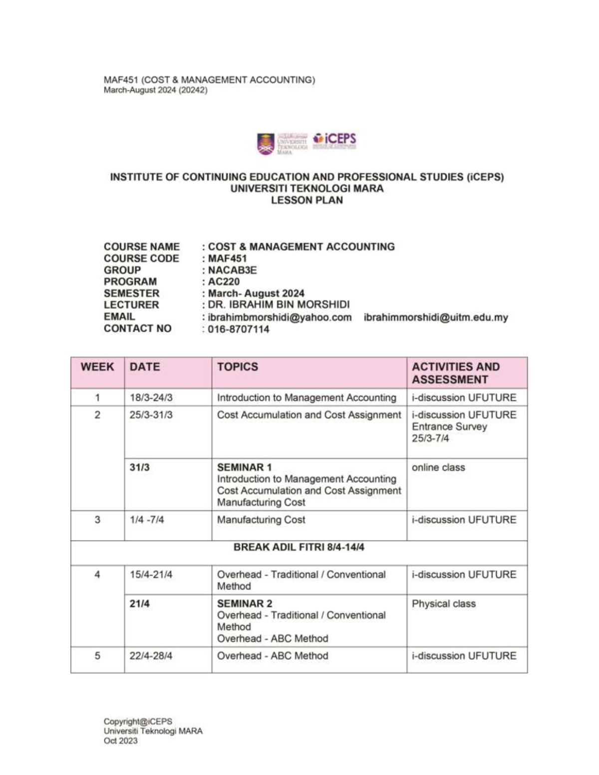 MAF451 Lesson Plan Summary for Cost Management Accounting 2024 - Studocu