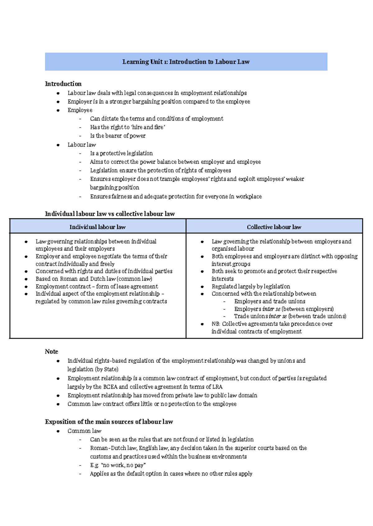 Labour Law Overview: LU1 - Introduction to Employment Relationships ...