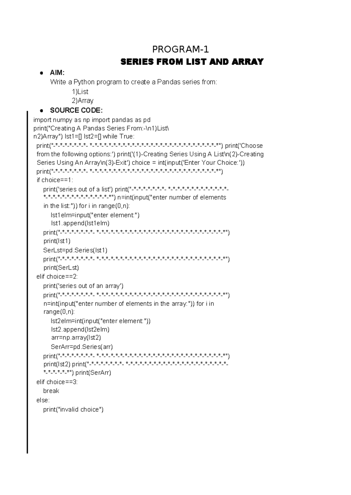 Creating a Pandas Series from List and Array - PGM 1 - Studocu