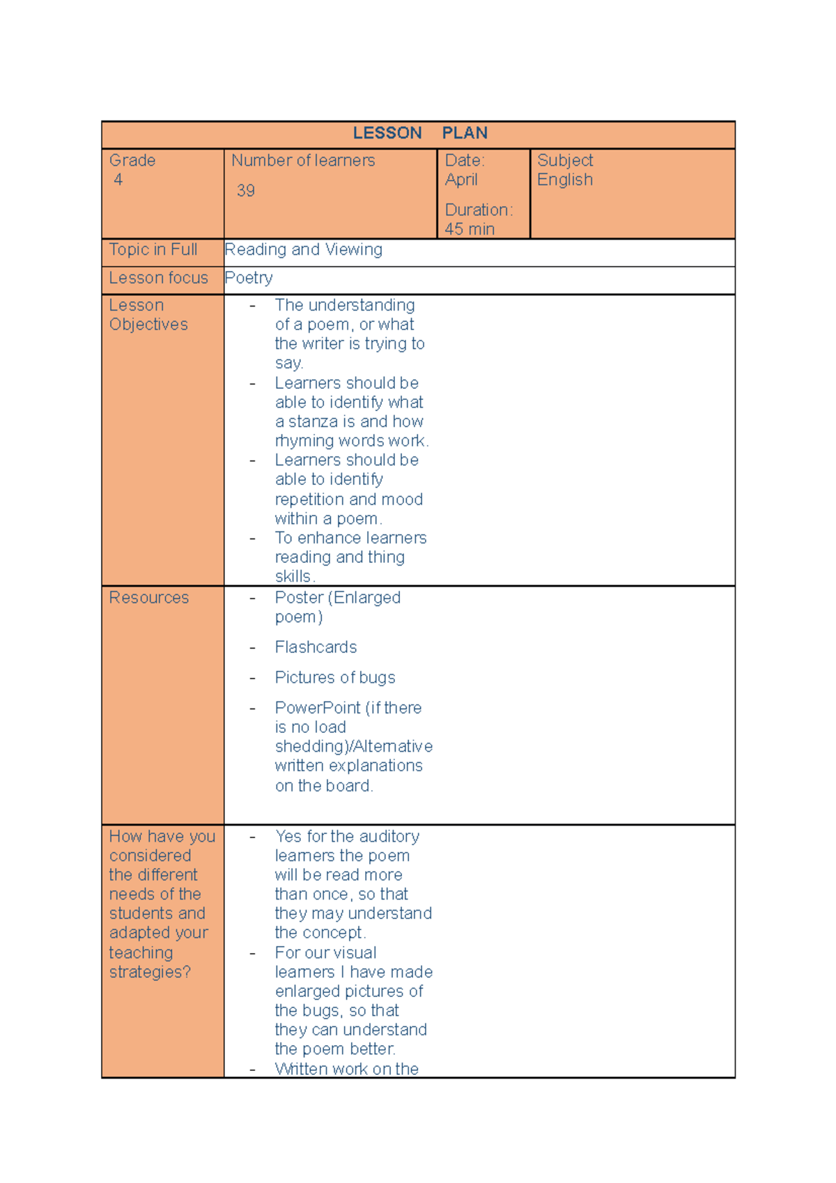 English Poetry Lesson Plan for Grade 4 - April 2023 - Studocu