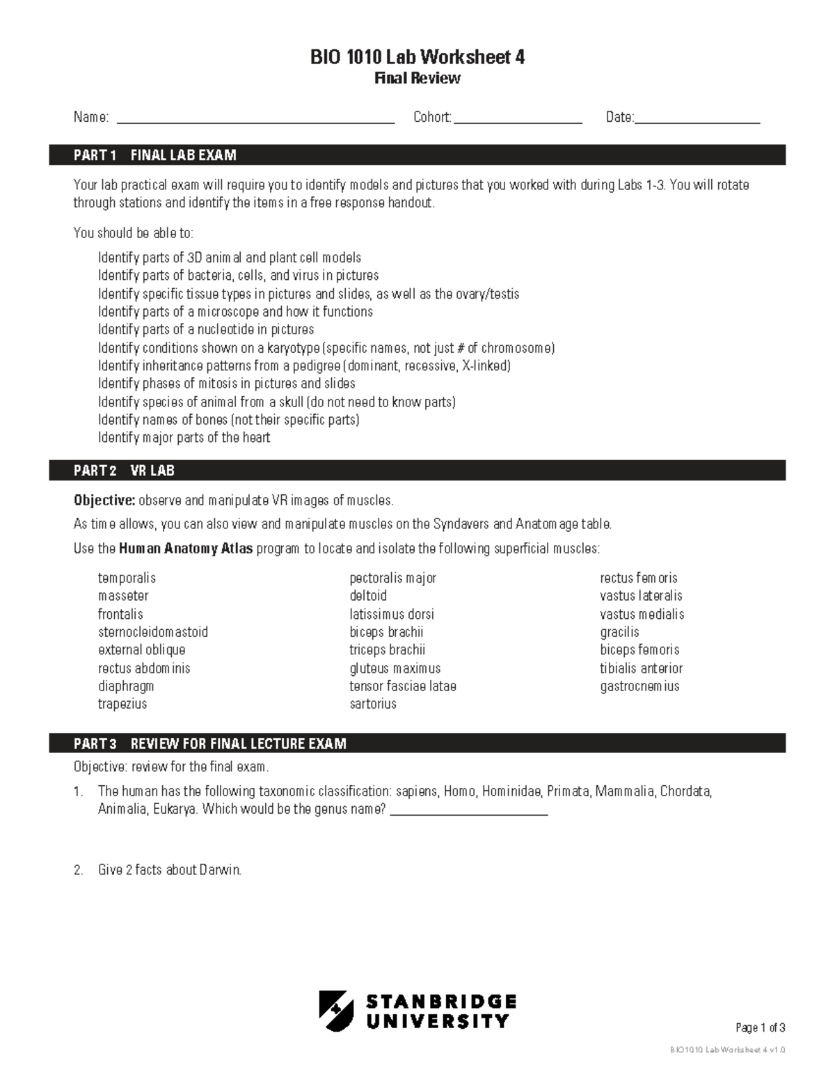 BIO 1010 Lab Worksheet 4 Final Exam Review and Practical Prep - Studocu