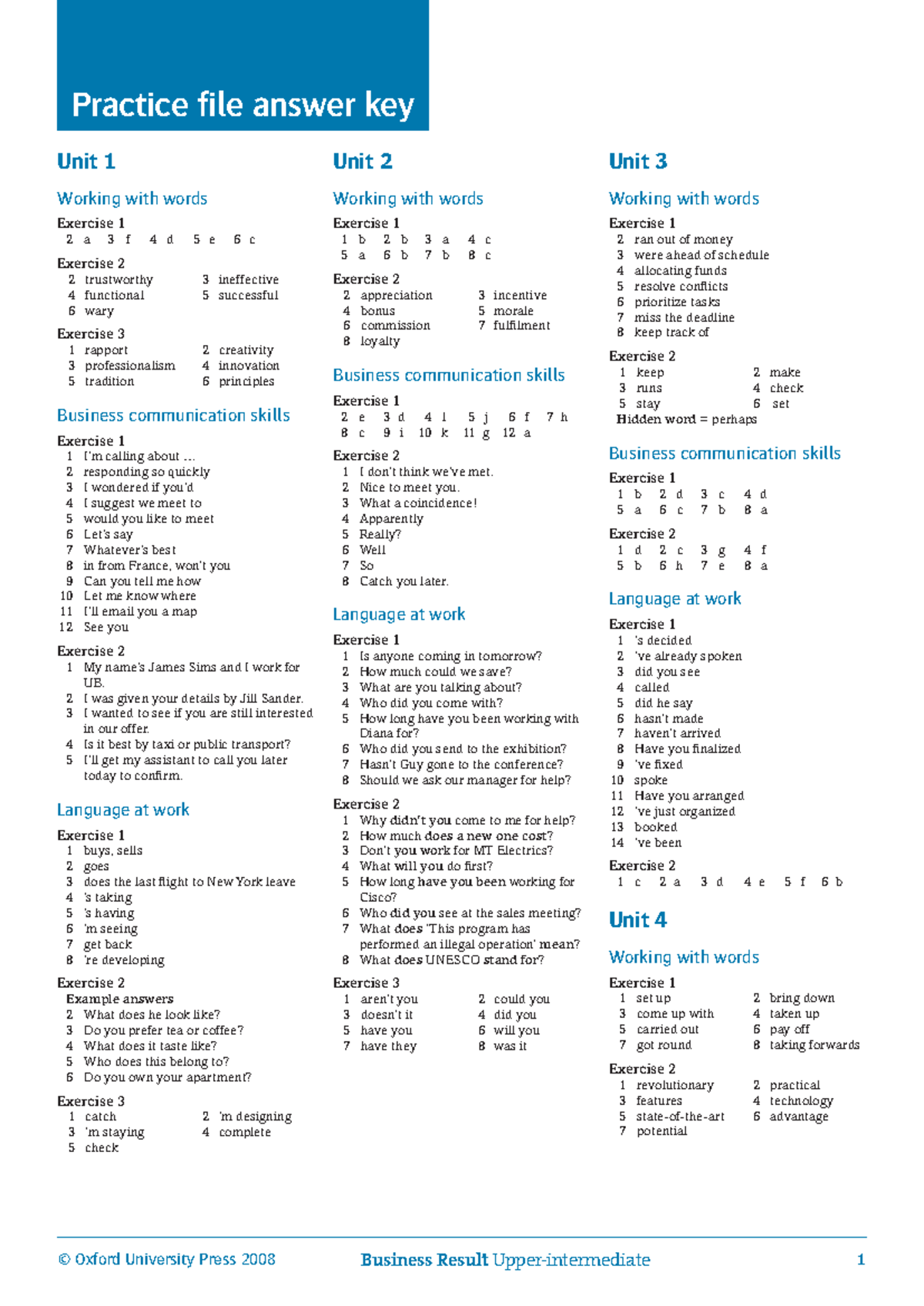 Business Result Upper-Intermediate (BRU) Unit 1-15 Exercises Overview ...