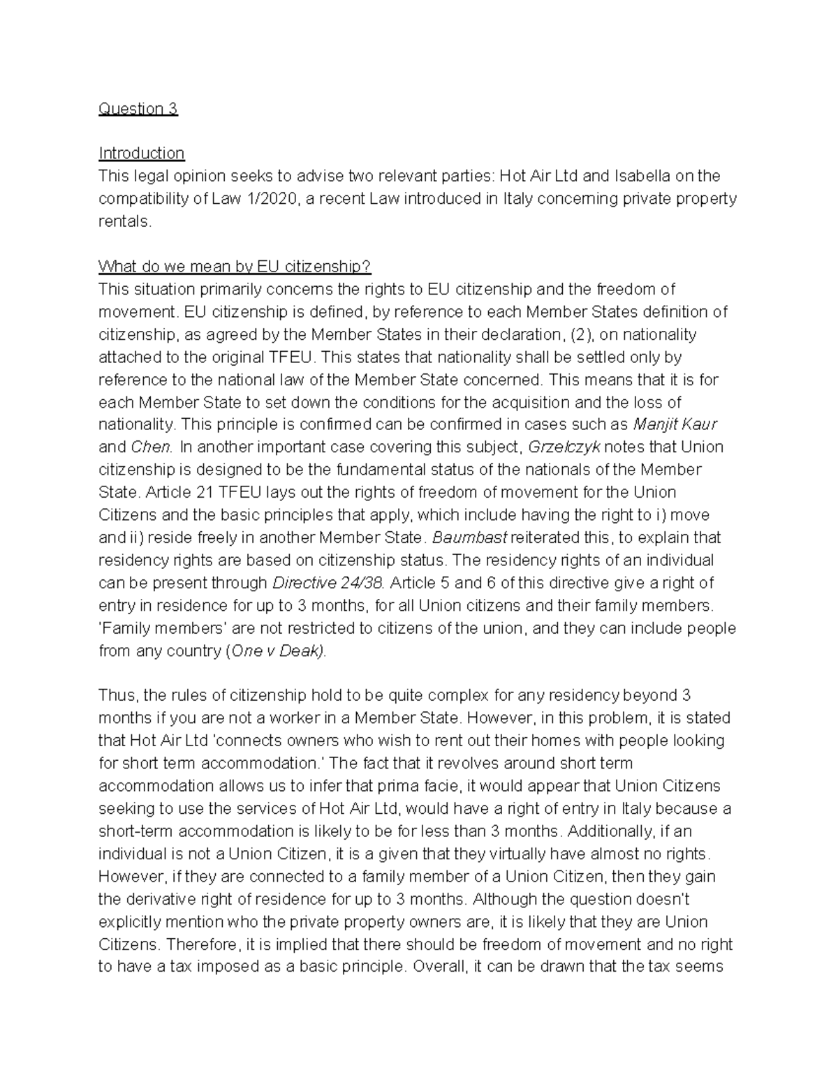 EU Problem Question 2 - EU citizenship essay - LAW2110 - MDX - Studocu