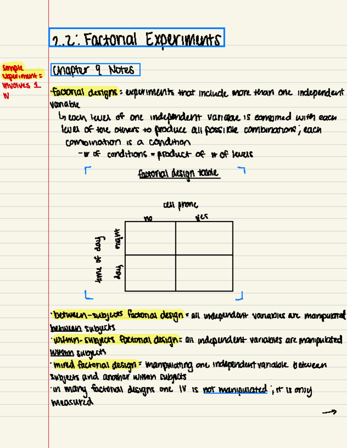 Research Methods: Chapter 9 Notes on Factorial Experiments - Studocu