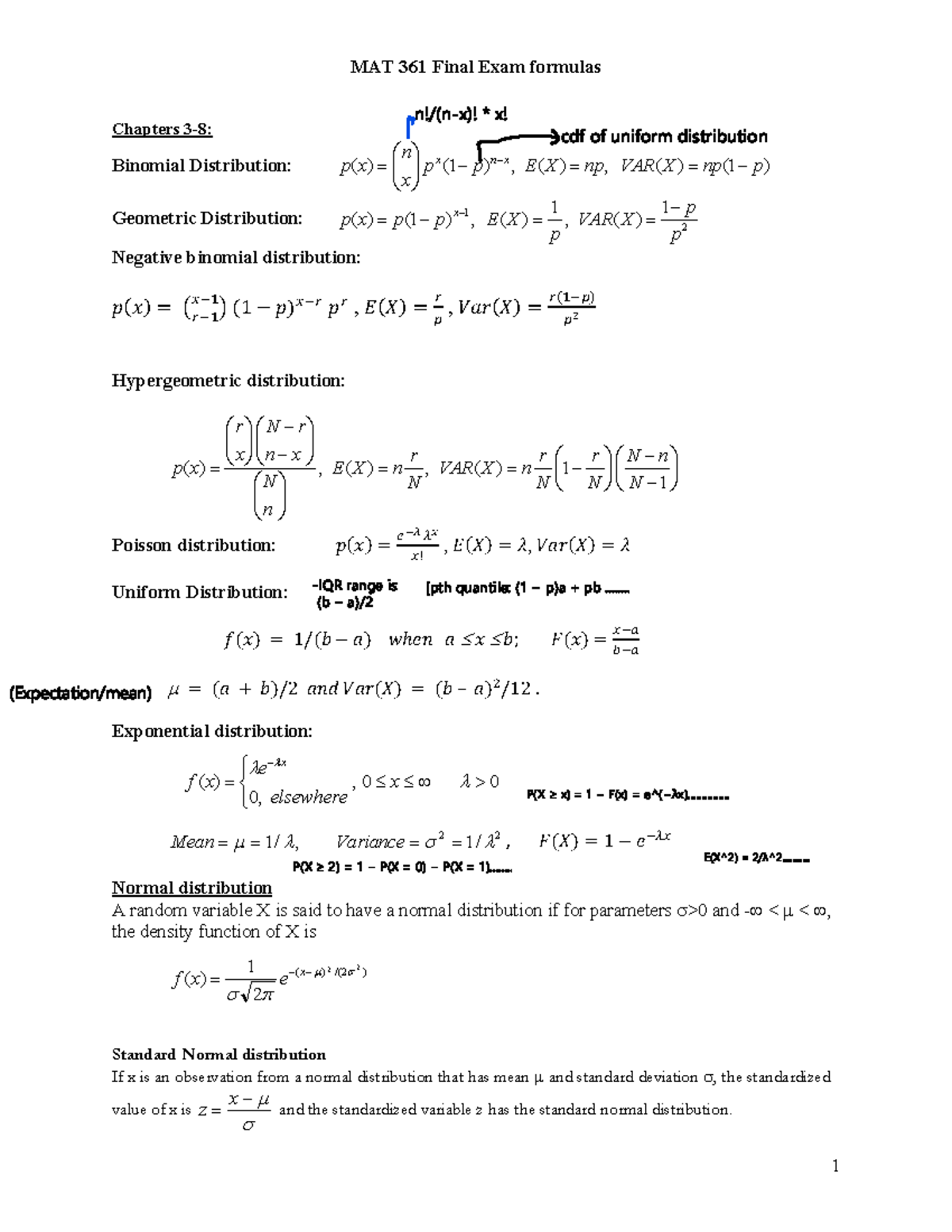 MAT 361 Final Exam: Key Formulas for Probability Distributions - Studocu