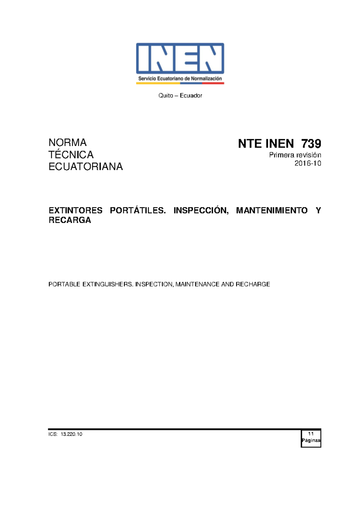 NTE INEN 739: Inspección, Mantenimiento y Recarga de Extintores Portátiles - Document Preview