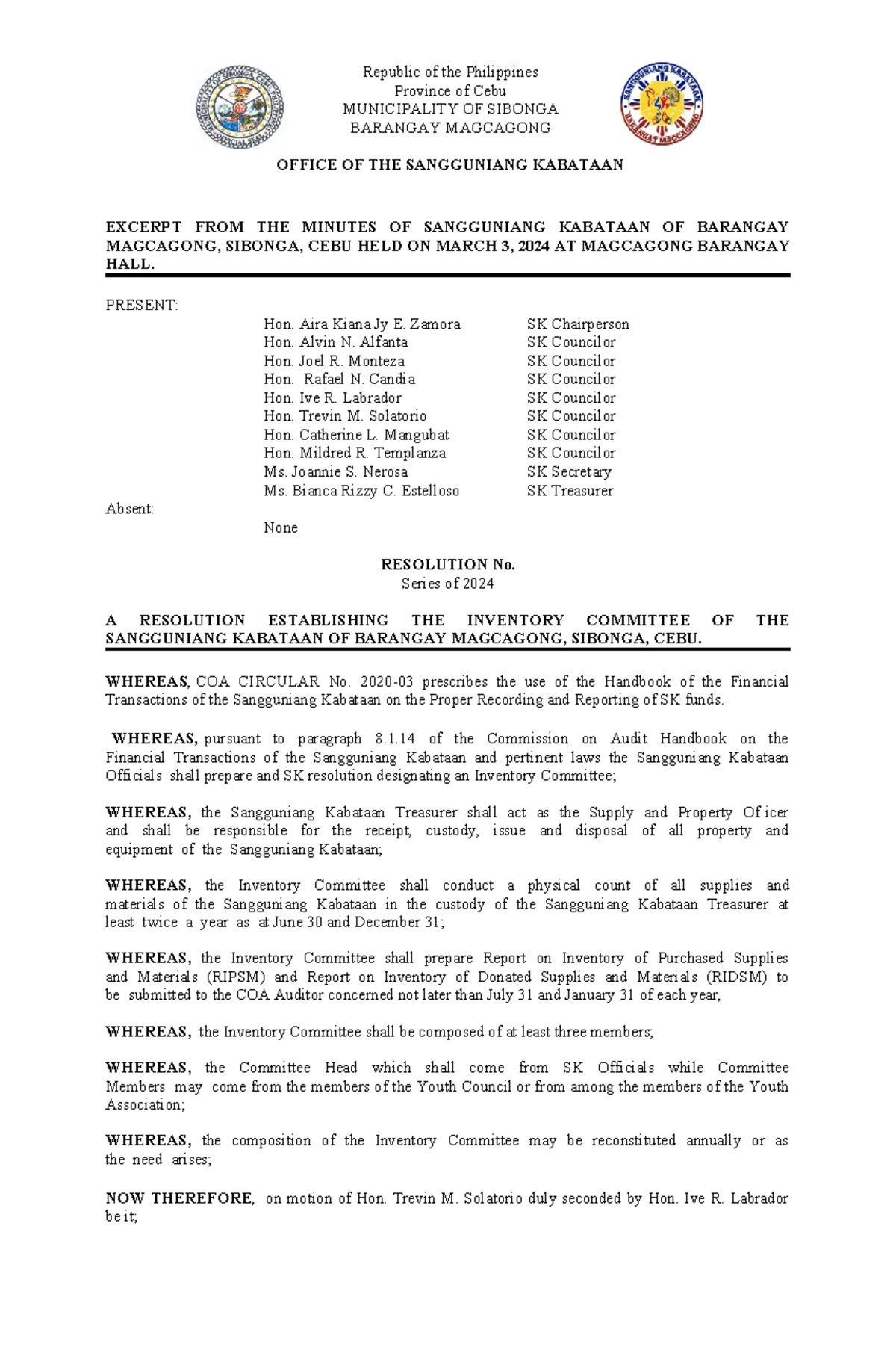 SK Inventory Resolution - Barangay Magcagong, Cebu (2024) - Studocu