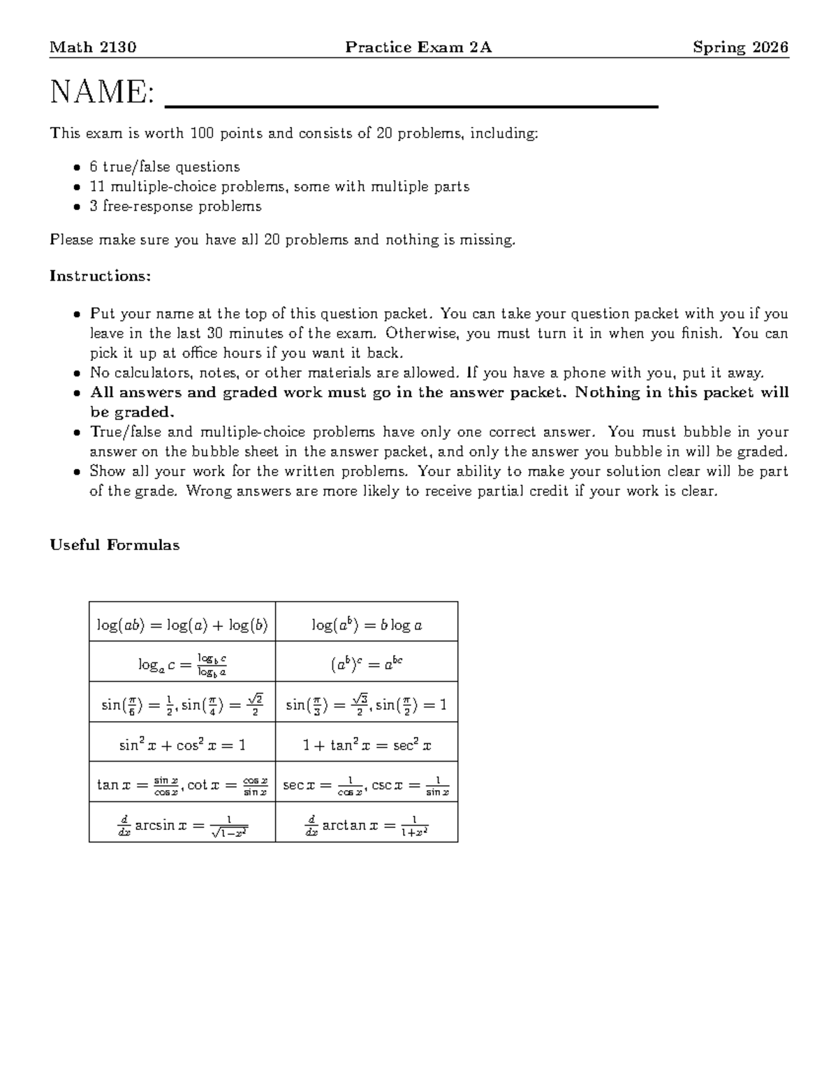 S26 Math 2130 Practice Exam 2A - 100 Points, 20 Problems - Studocu