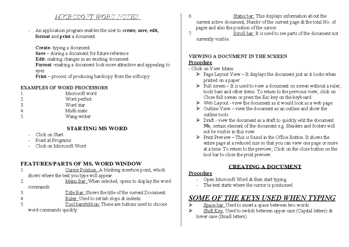 Microsoft WORD Study Notes: Key Features and Tips for Users - Studocu