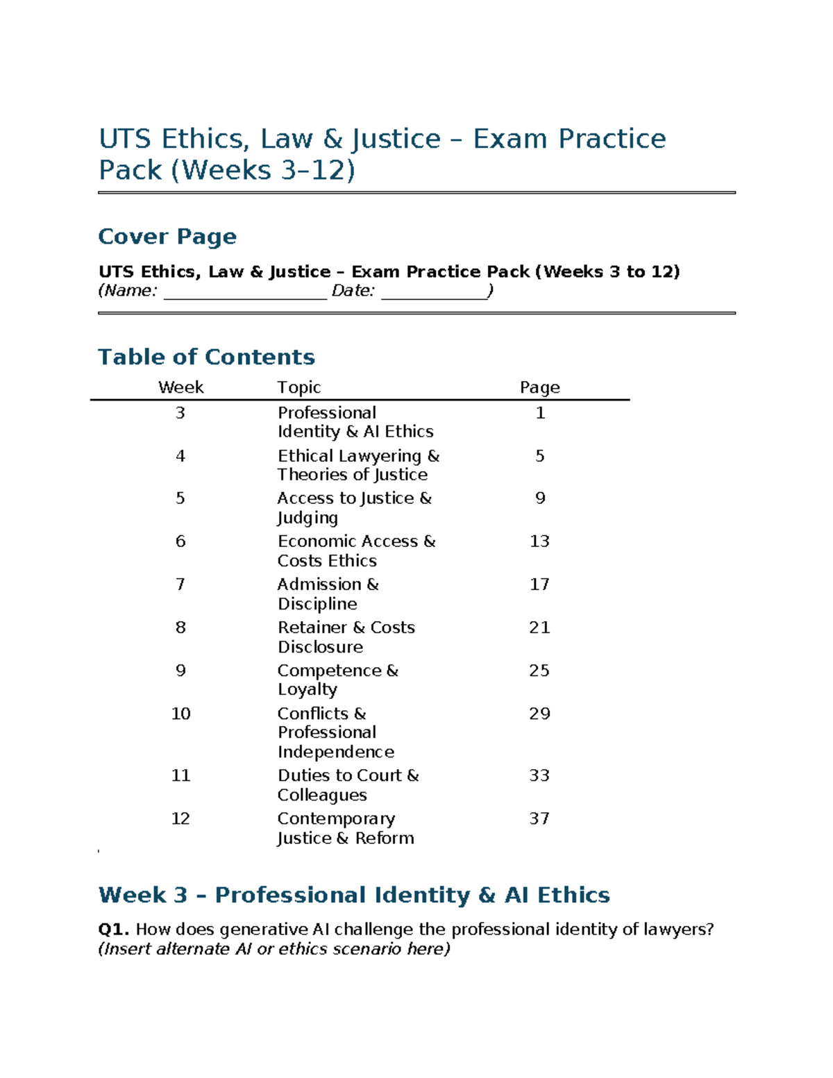UTS Ethics, Law & Justice Final Exam Practice Pack (Weeks 3-12) - Studocu