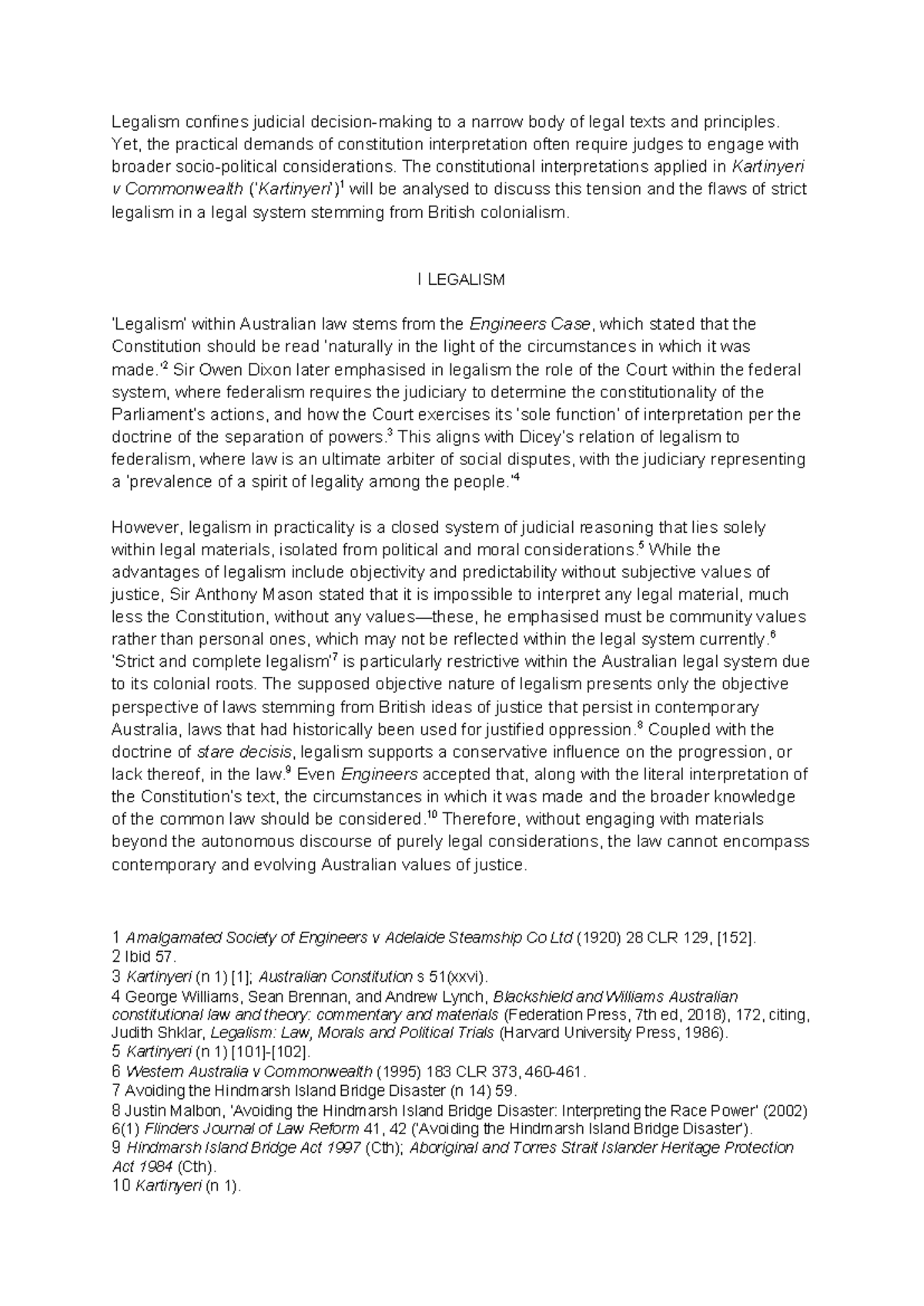 HD Constitutional Law Essay: Analyzing Legalism in Kartinyeri v ...