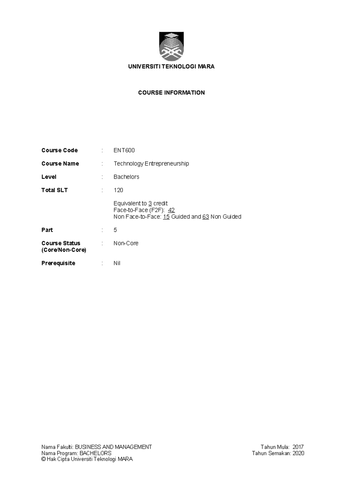 ENT600 Technology Entrepreneurship Course Overview and Assessment Guide ...