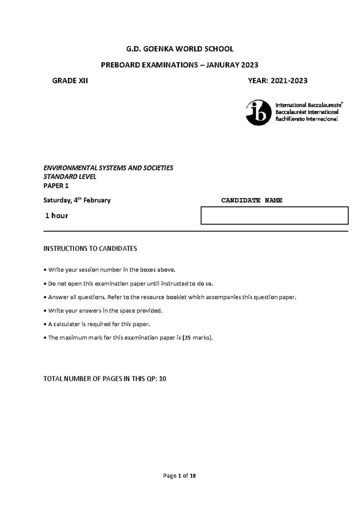 ESS Paper 1 Preboard – Practice Exam for Grade XII Environmental ...