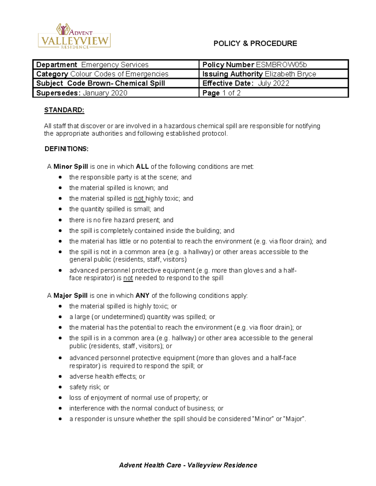 Emergency Services Policy: Code Brown - Chemical Spill Protocol - Studocu
