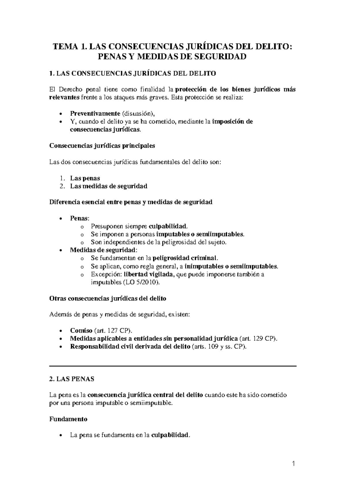 TEMA 1: CONSECUENCIAS JURÍDICAS DEL DELITO Y PENAS EN EL CP - Studocu