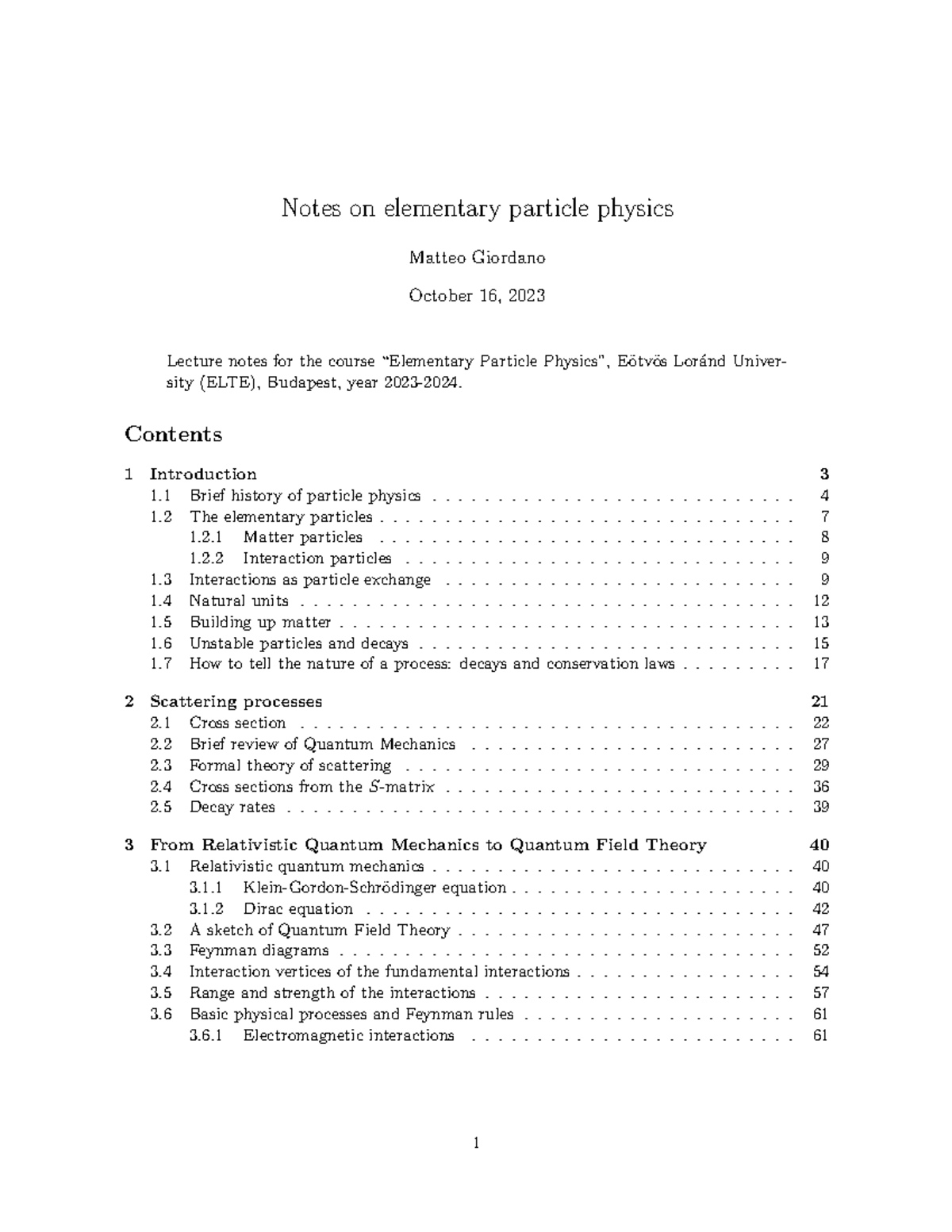 Lecture Notes on Elementary Particle Physics (ELTE) - 2023 - Studocu