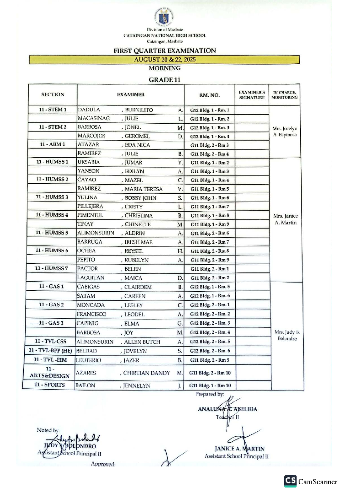 Grade 11 First Quarter Exam Schedule - Cataingan National HS - Studocu