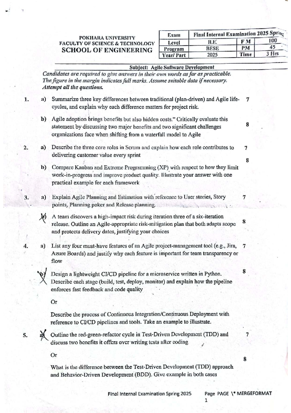 Final Exam Questions for Agile Software Development (BESE 2025) - Studocu